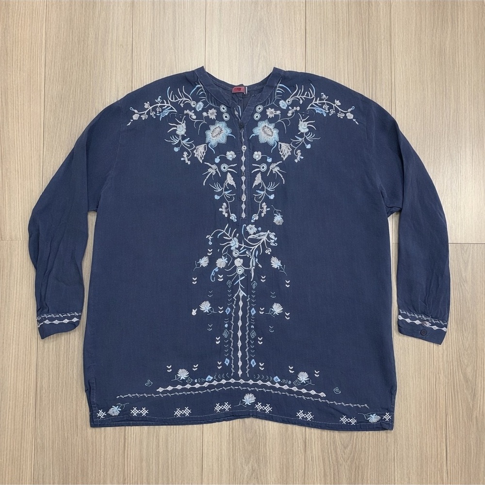 Johnny Was Teal Floral Embroidered Long Sleeve Tunic Size Large